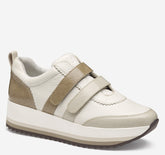 Women's Gracie Double-Strap Sneaker - White Calfskin/Ivory and Taupe Italian Crinkled Patent Leather