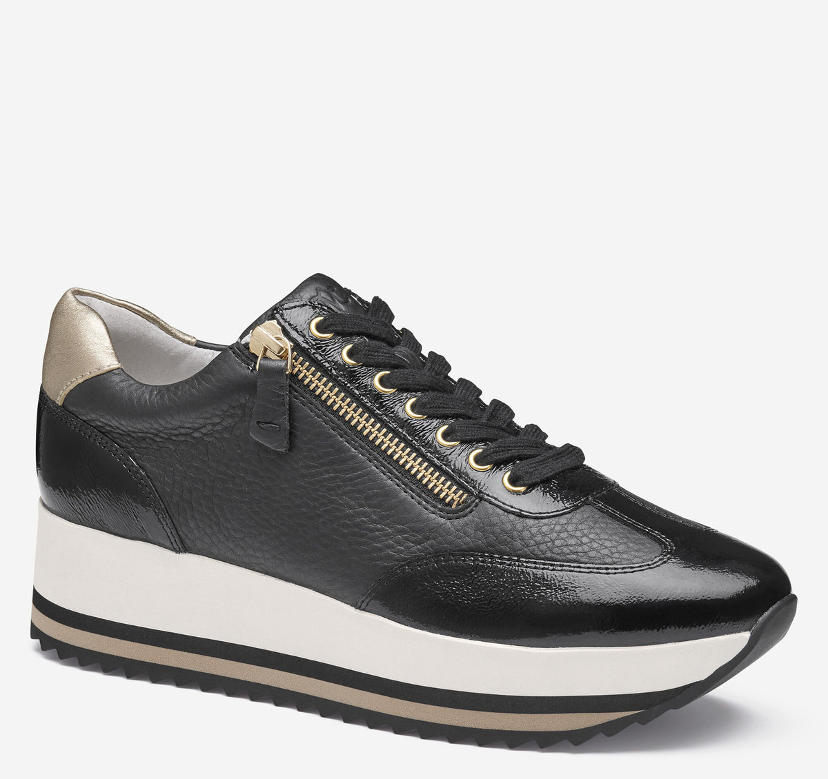 Women's Gracie Side-Zip Lace Up - Black Calfskin/Italian Crinkled Patent Leather