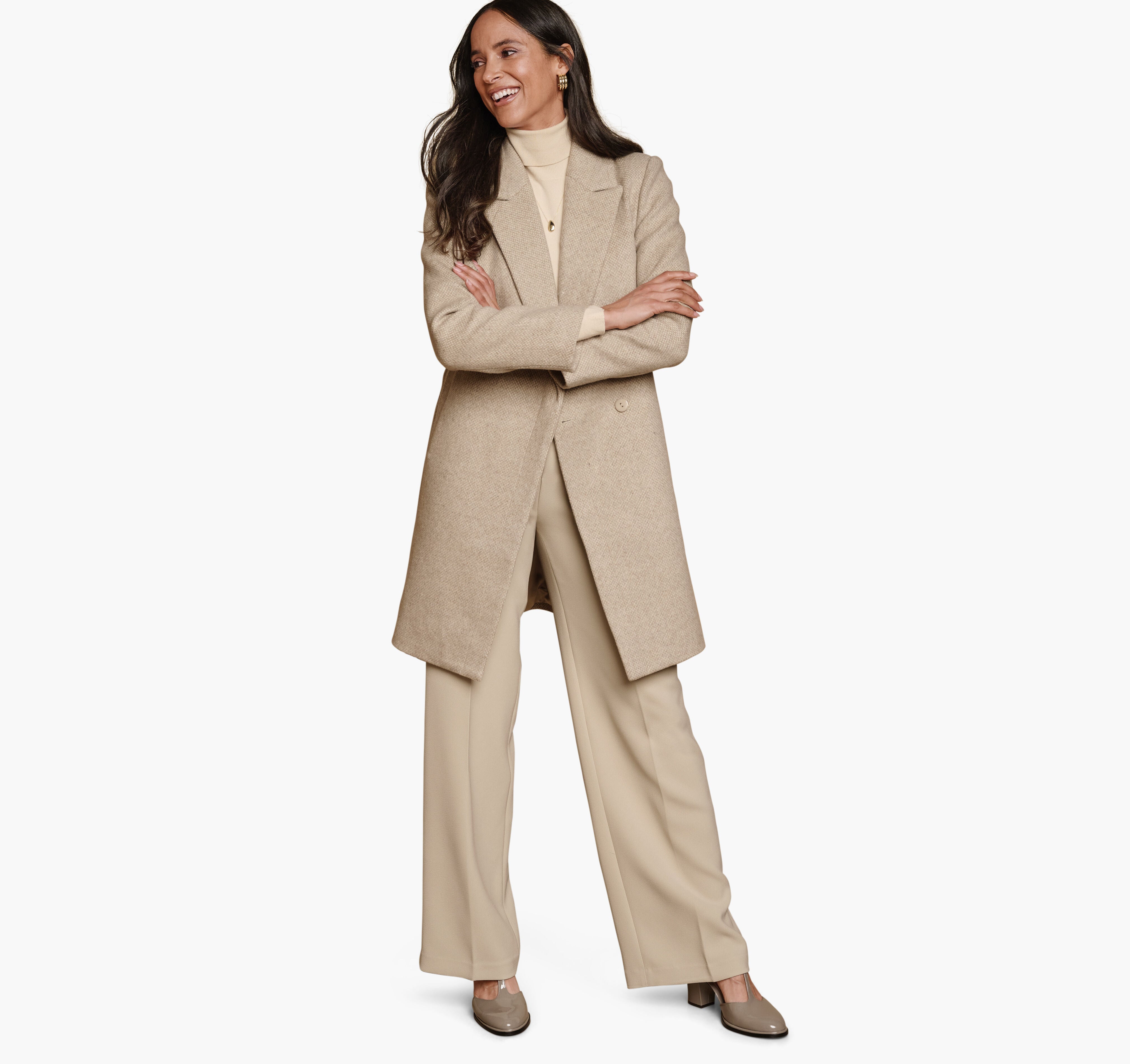 Women's Wool-Blend Coat with Removable Knit Collar - Natural