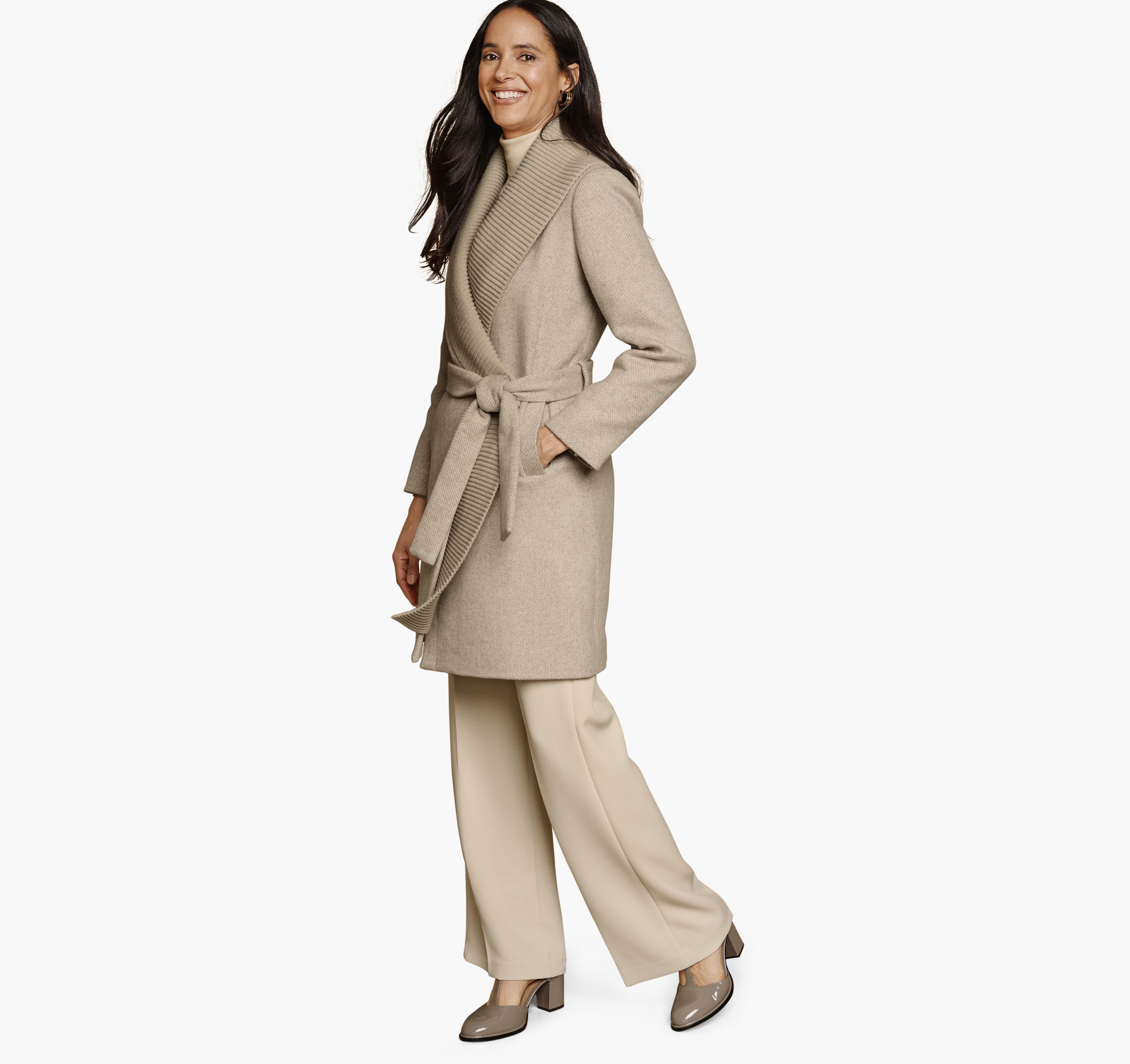 Women's Wool-Blend Coat with Removable Knit Collar - Natural
