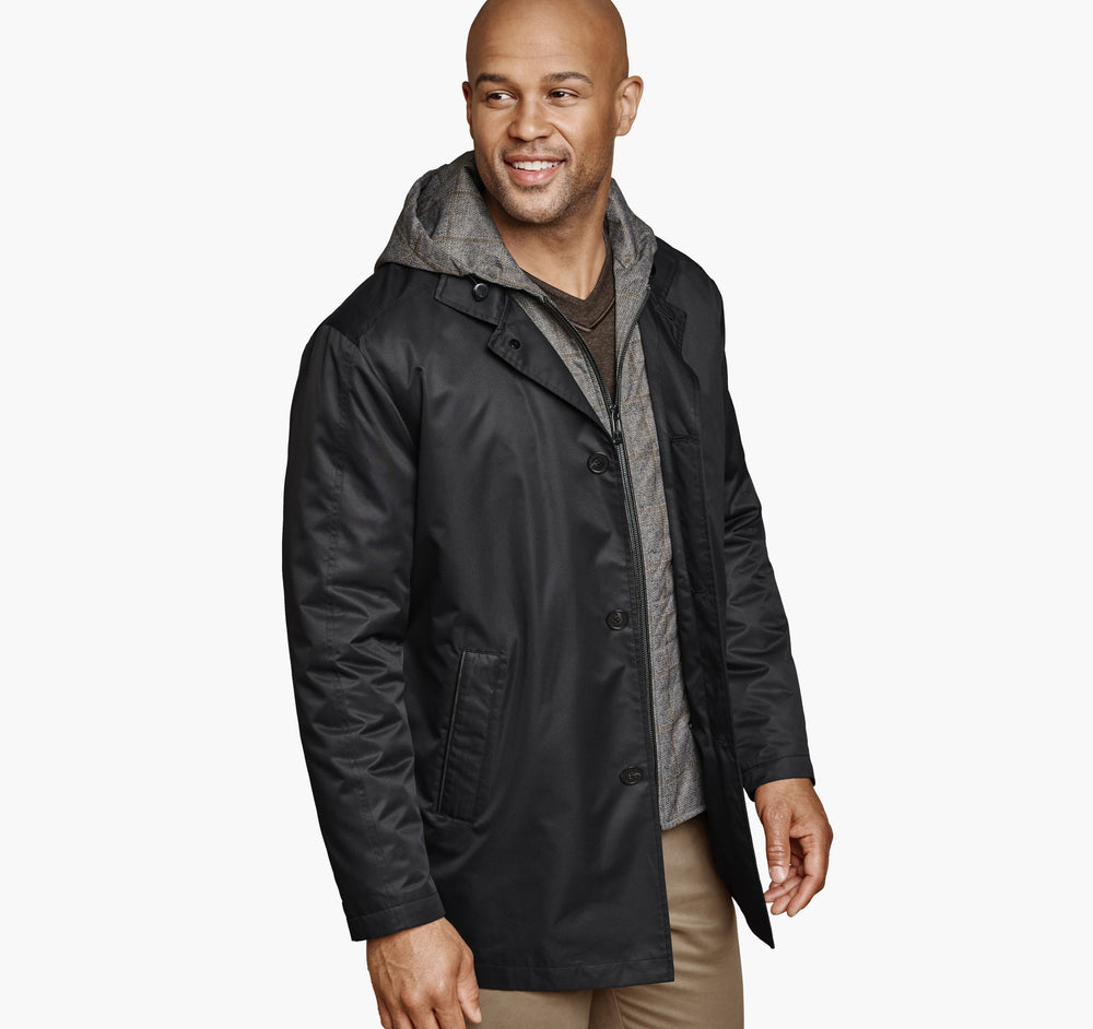 Men's Upton Water-Resistant Raincoat with Removable Liner - Black/Taupe Plaid