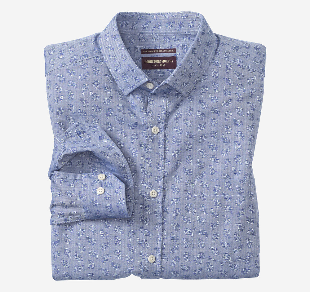 Men's Long-Sleeve Jacquard Shirt - Blue Herringbone Paisley