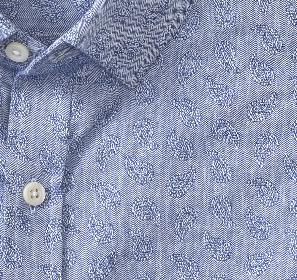 Men's Long-Sleeve Jacquard Shirt - Blue Herringbone Paisley